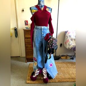 Cute butterfly and flowers color block denim wide leg pants